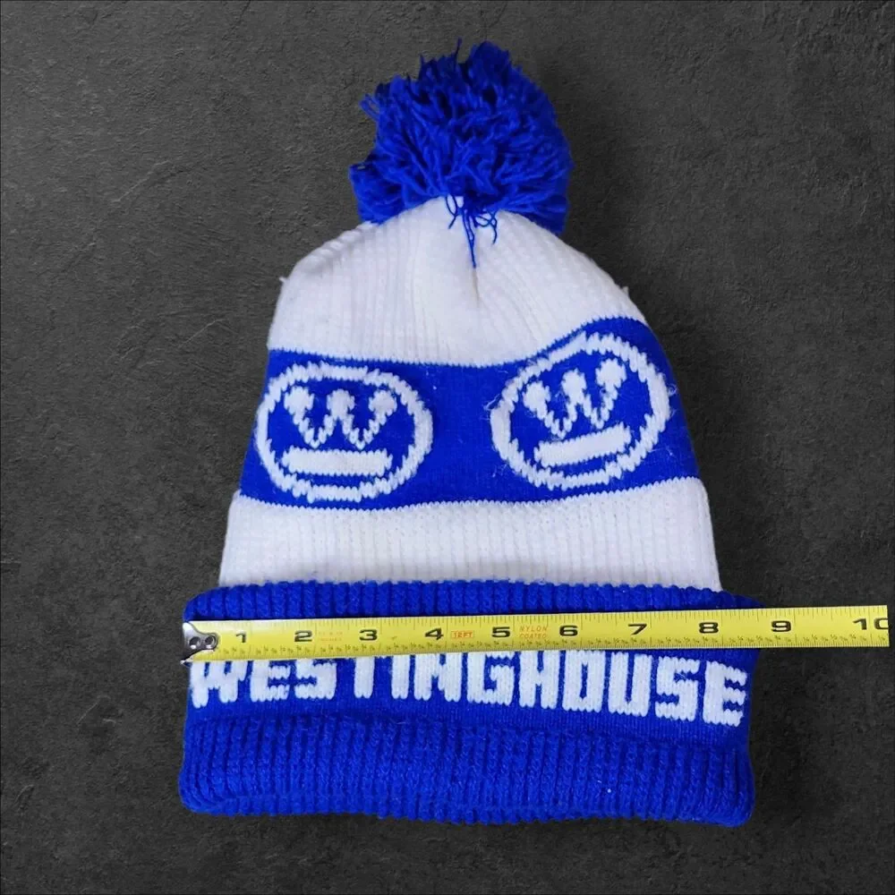 Vintage Westinghouse Pom Beanie Blue White Logo Knit Hat 70s 80s Rare Promo